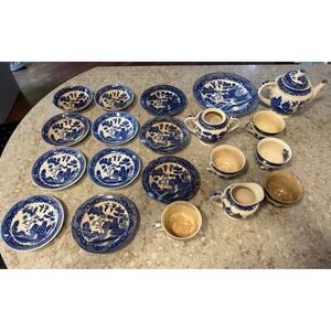 Vintage Blue‎ Willow Tea Set Occupied Japan Blue White Transferware 18pc As-Is